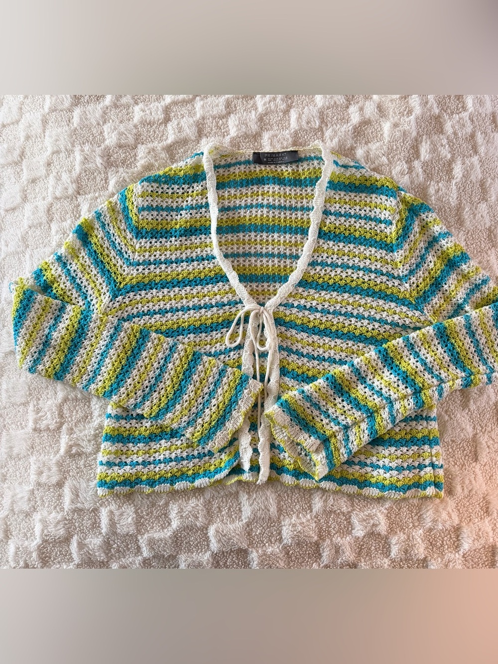 Primark crochet Tie-Front Sweater Cardigan White, Blue & Green medium